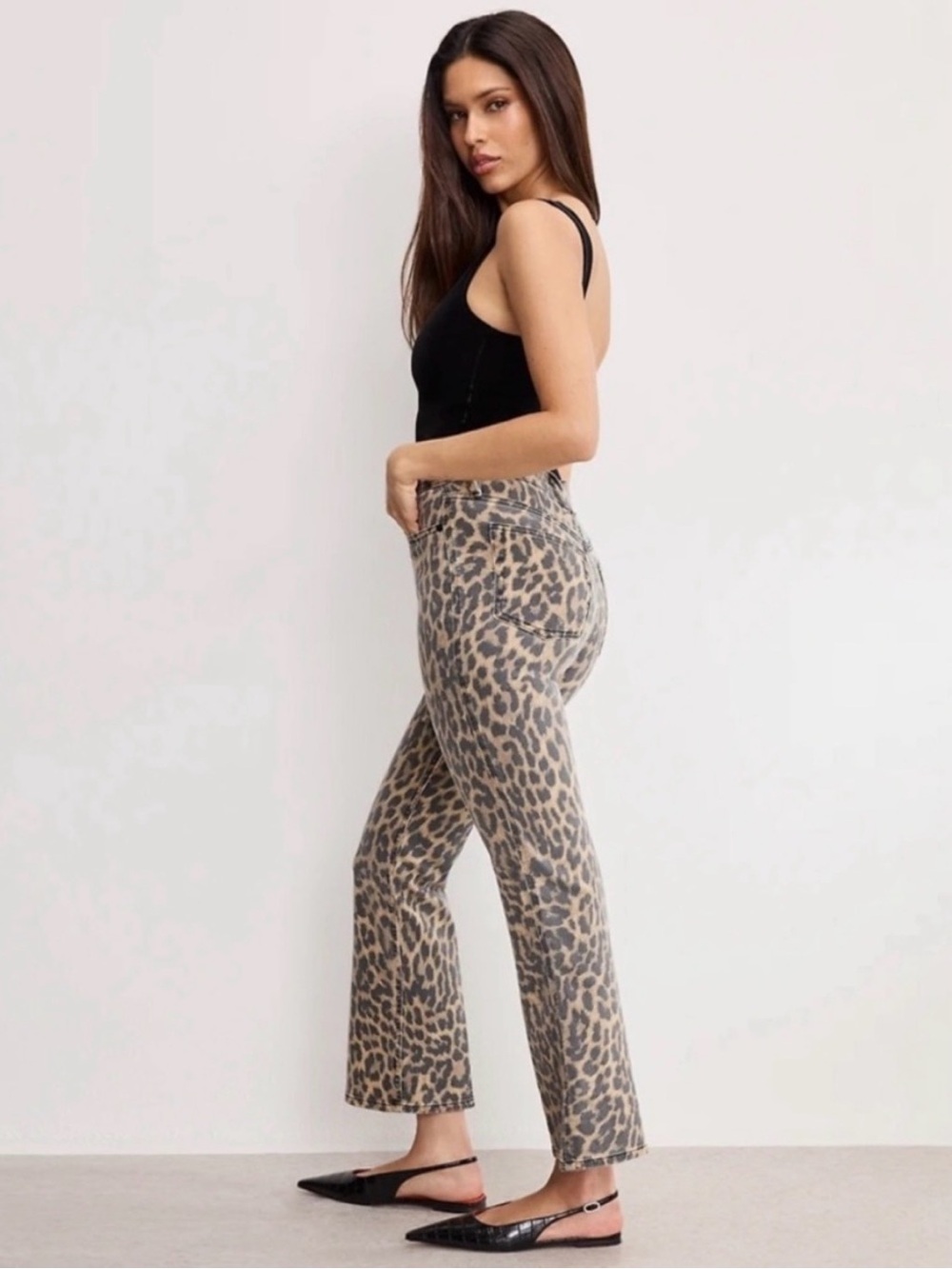 Good American Leopard Print Crop Flare Jeans in Tan and Black